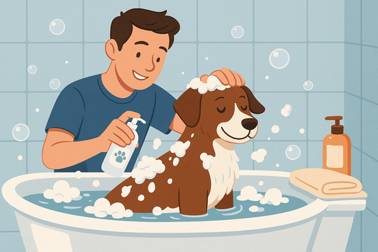 A relaxed dog being bathed in a tub, part of a pet care guide on how to bathe a dog without stress.