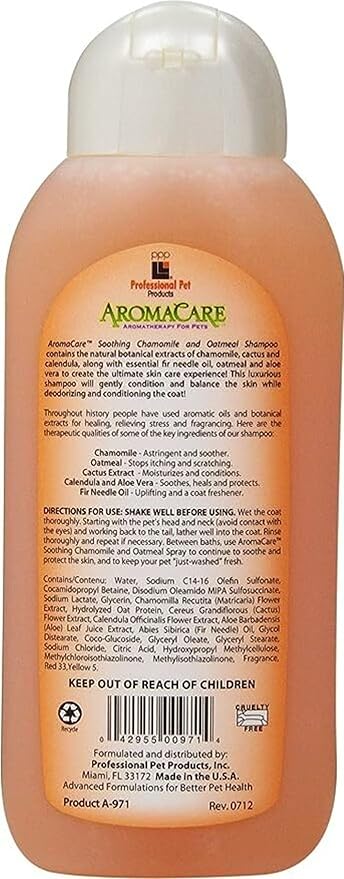 Ingredients and directions on the back of AromaCare Pet Shampoo – Blessed Paws