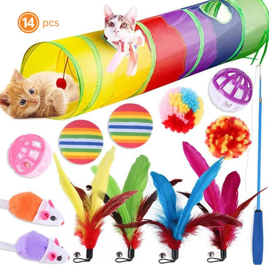 Full View of 14-Piece Interactive Cat Toy Set with Tunnel, Balls, and Teasers – Blessed Paws
