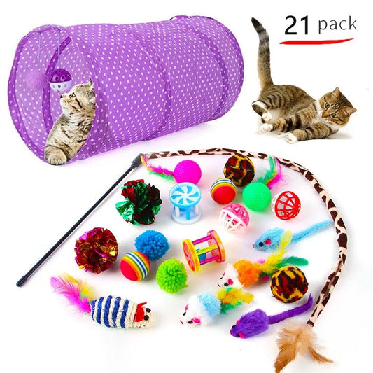 Blessed Paws 21-piece cat toy set with tunnel, teaser wand, and assorted mice and balls