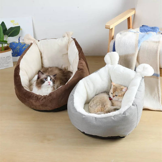 Two cats in separate plush beds, brown and grey versions – Blessed Paws