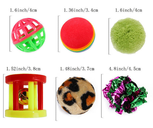 Size comparison of colorful cat balls from the Blessed Paws toy set