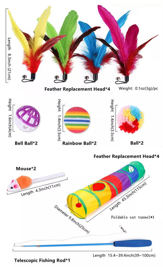 Detailed Dimensions and Item Breakdown of 14-Piece Cat Toy Set – Blessed Paws
