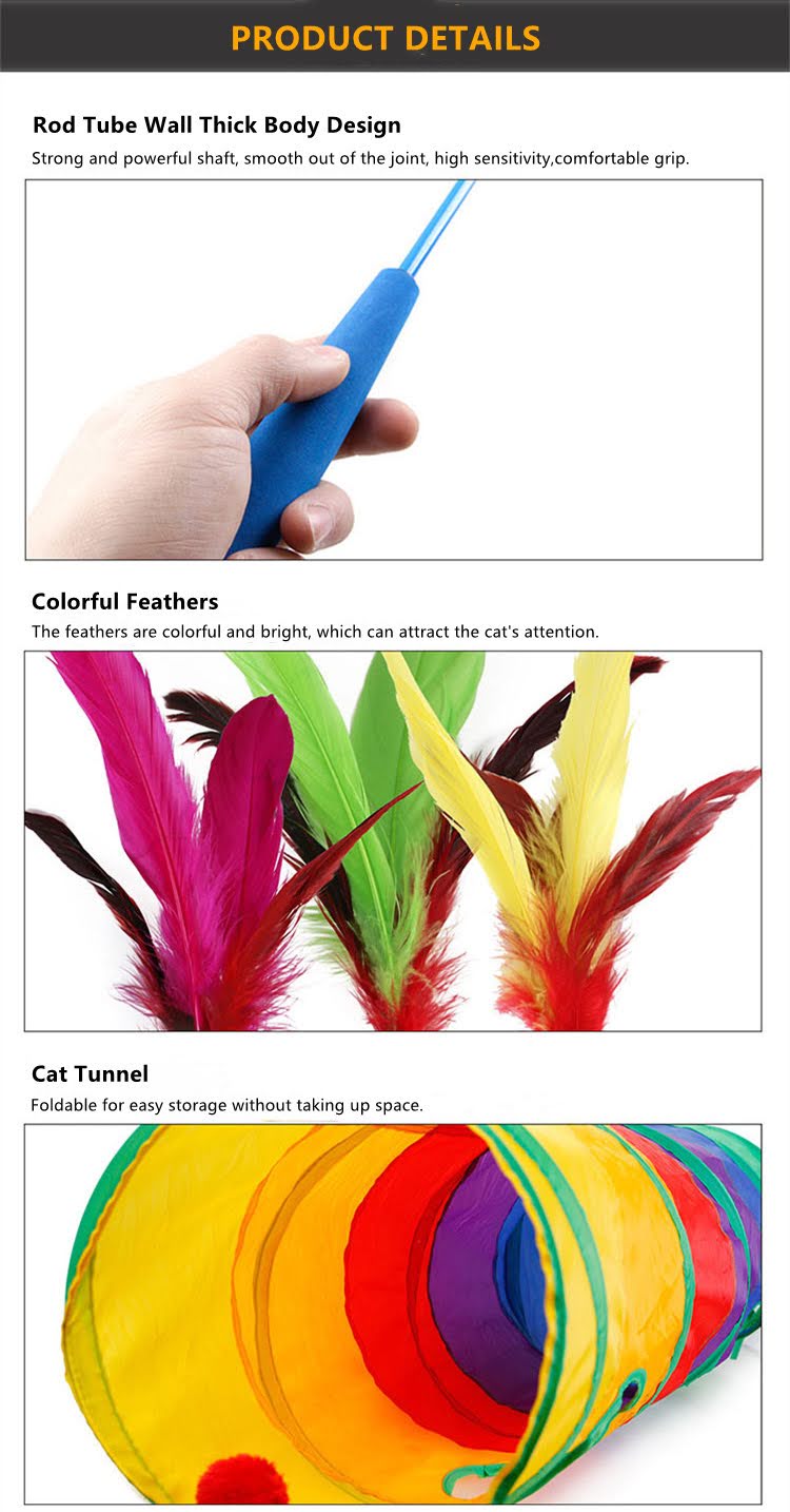 Close-up of Cat Toy Features – Feather Wands, Tunnel, and Rod Handle from Blessed Paws