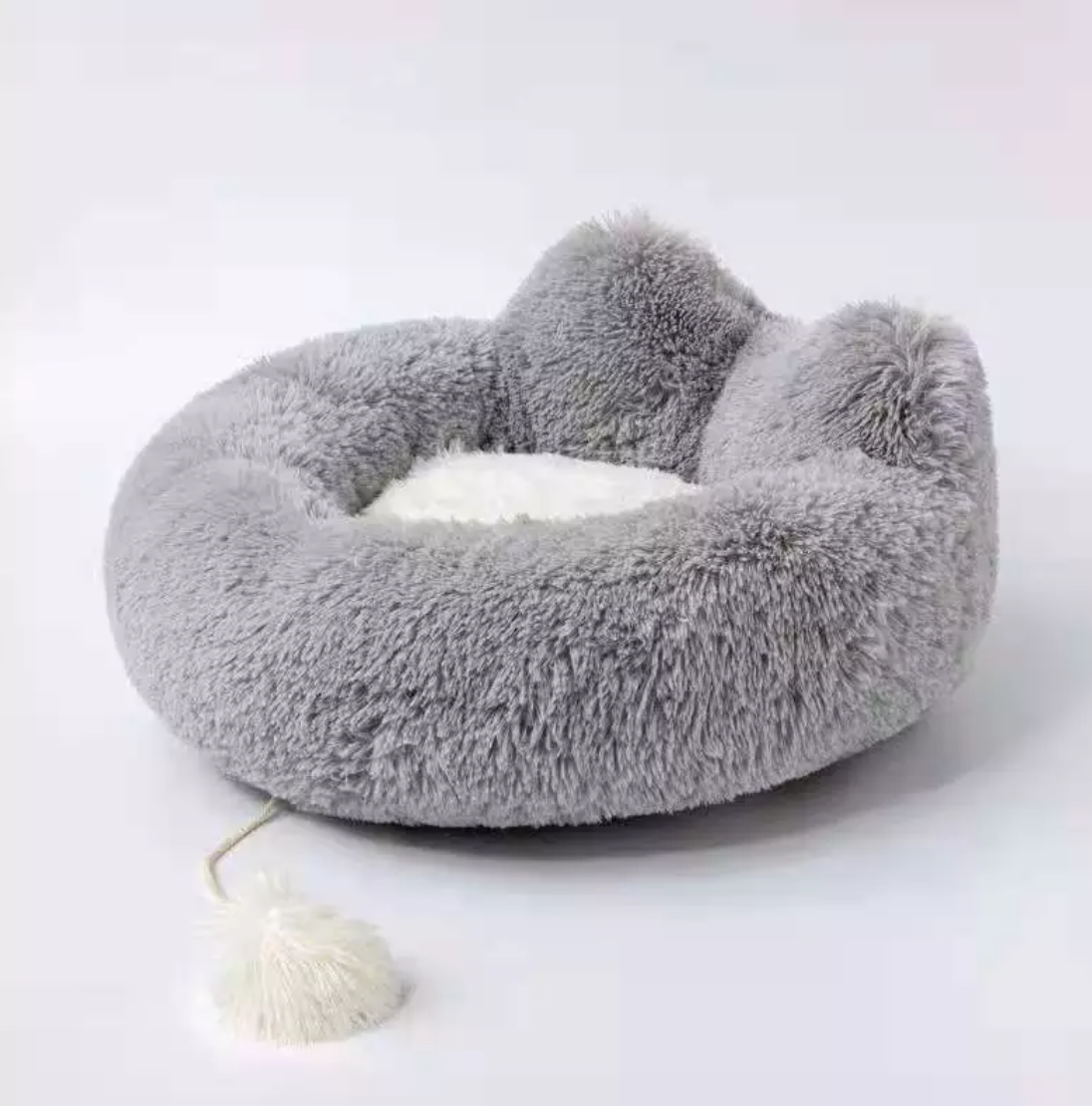 Round grey plush pet bed with raised edges and white cushion center – Blessed Paws