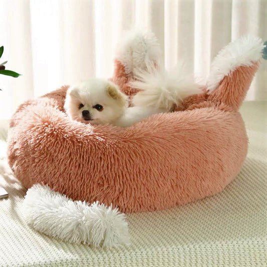 Plush pink pet bed with fox ears and tail for cats and small dogs – Blessed Paws