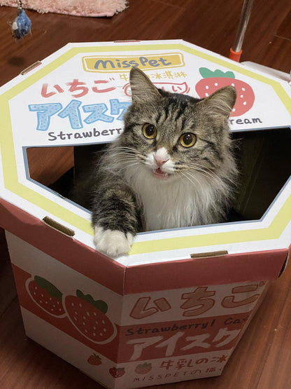 Cat inside pink Strawberry Milk scratcher box with open mouth – Blessed Paws